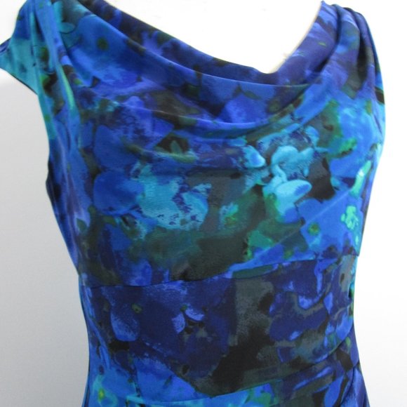 sz10 Cowl Knit Dress Bodycon Shirring Floral Blue - Picture 2 of 11